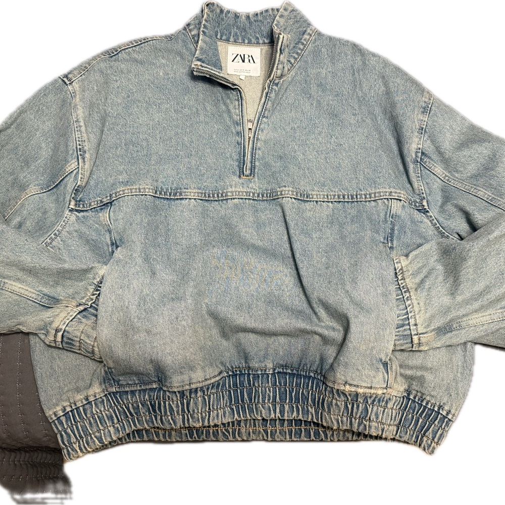 Zara Denim Half-Zip Pullover in Light Blue